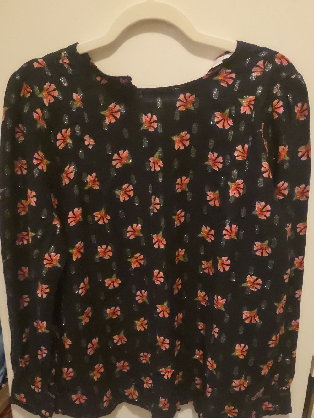 LOFT Navy Long Sleeve Tee with Pink Orange Floral Print
